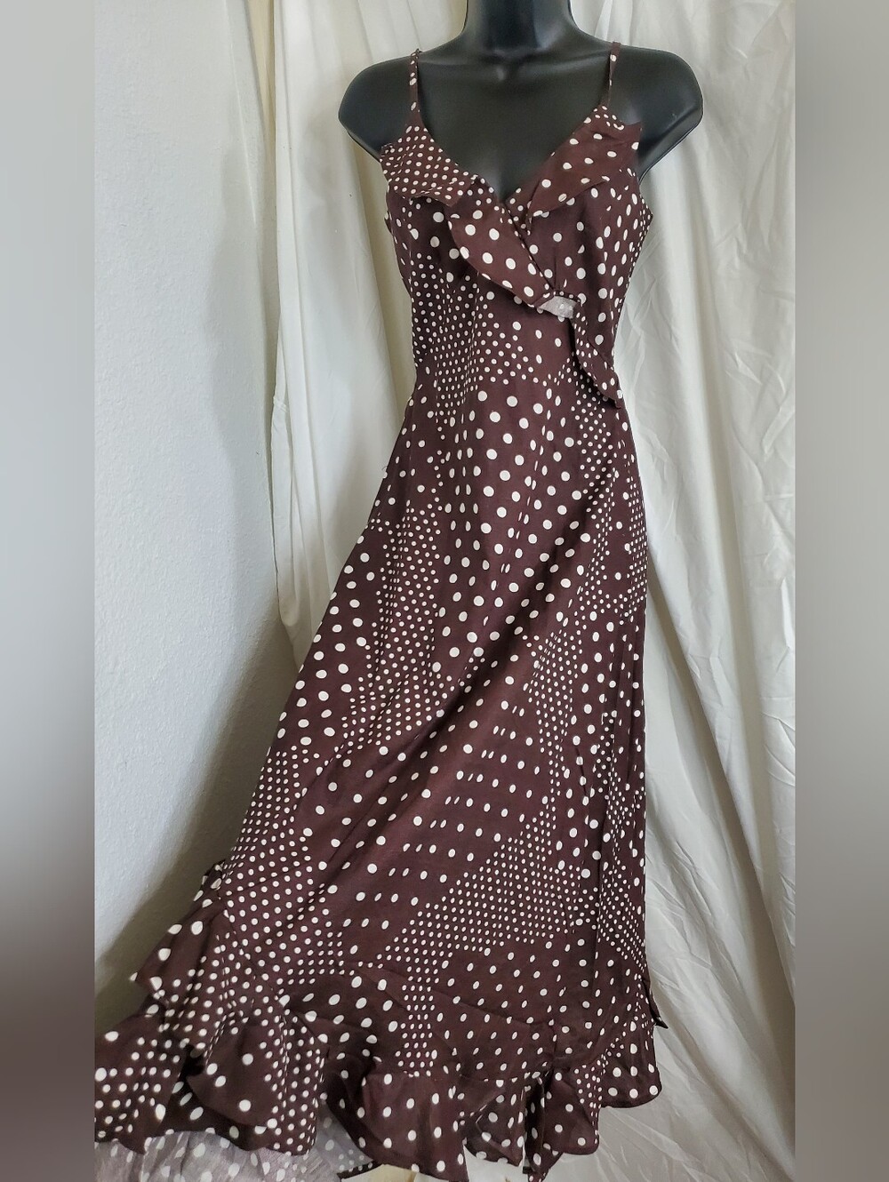Brown white polka dot ruffled bodice faux wrap stylelmk linen blend dress